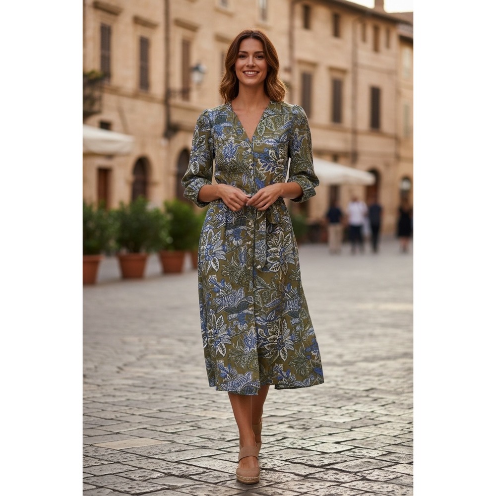 Talbots Olive Green Blue Floral Paisley Cotton Midi Shirt Dress Size 2 Pockets
